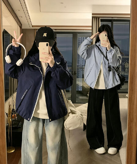 단색 긴팔 재킷 여성 의류 새로운 패션 레트로 학원 스타일 프린트 방수 바람막이 재킷 학생 다용도 여성
