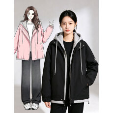 批发秋<b class='q'>冬</b>款女装外套纯色连帽挡风长袖上衣时尚假两件休闲女风衣外套