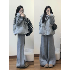 批发韩系<b class='q'>冬</b>装一整套复古慵懒灰色翻领针织开衫阔腿裤保暖棉服马甲套装