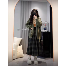 批发美拉德复古学院风毛衣开山格纹半身裙女秋冬穿搭一整套慵懒风套装