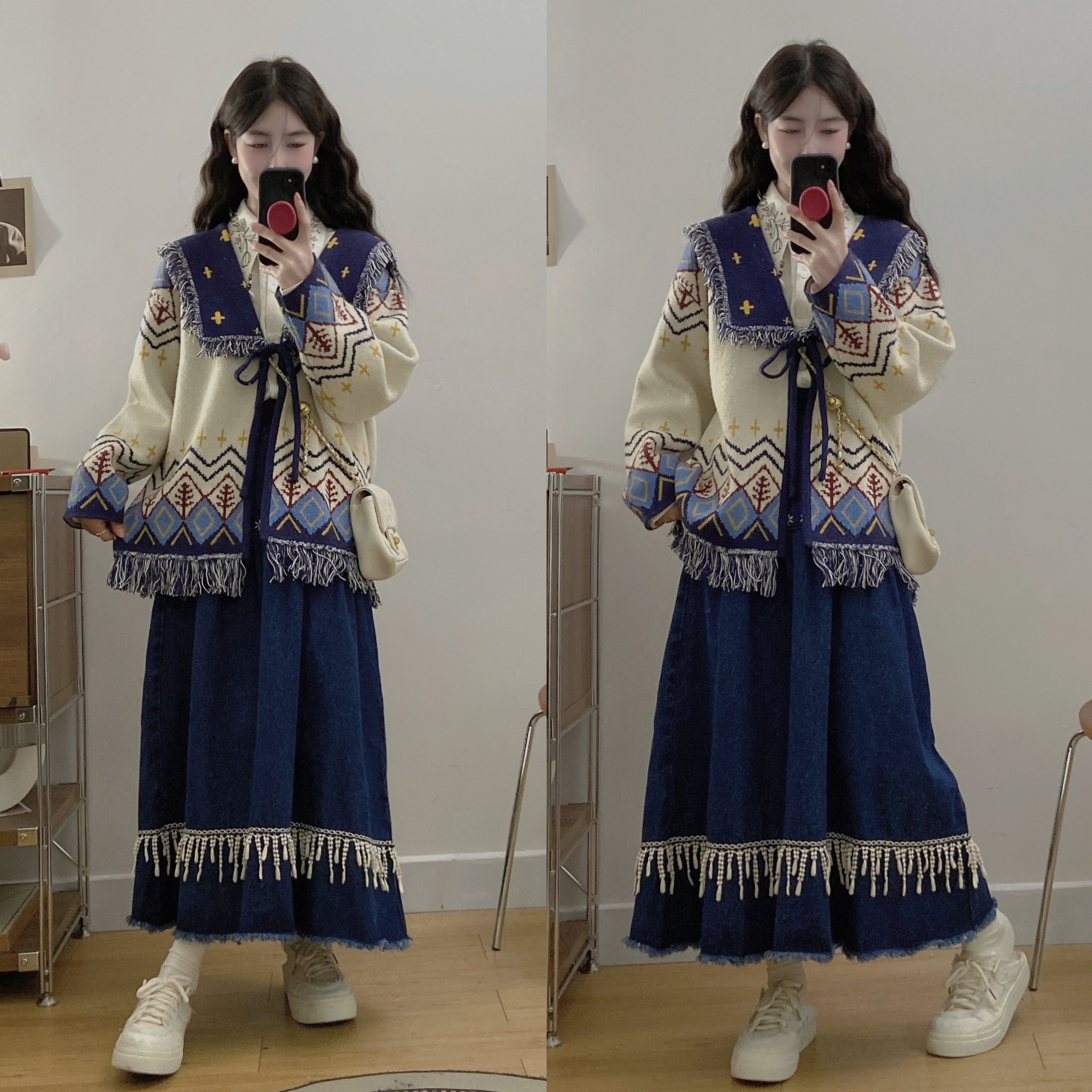 실사 가을 겨울 새로운 느긋한 바람 자수 스웨터 코트 셔츠 데님 반 스커트 3종 세트