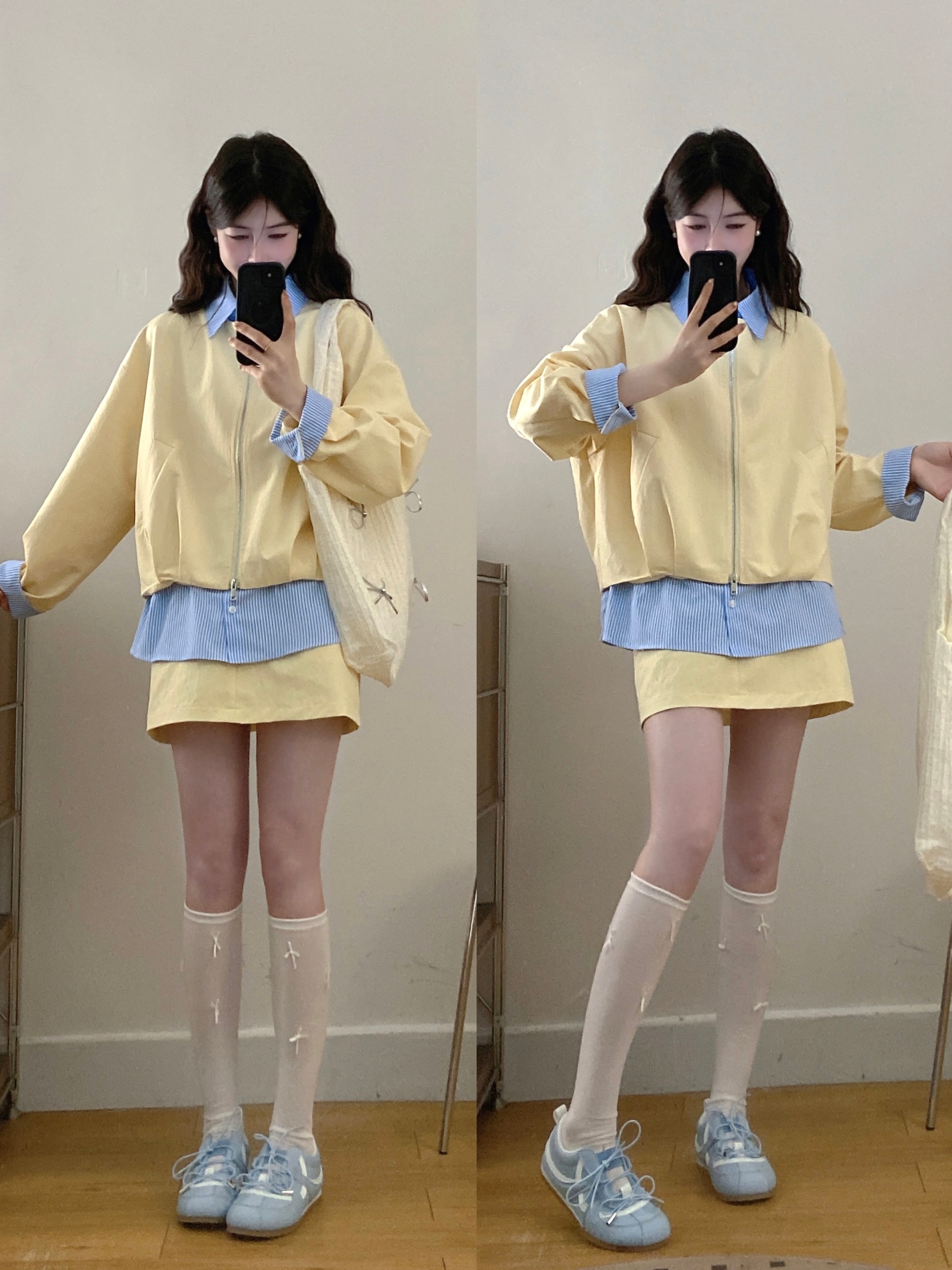실사 바닐라 우유 황색 봄 새로운 신선함 스트라이프 셔츠 패치워크 재킷 미니 스커트 투피스 슈트