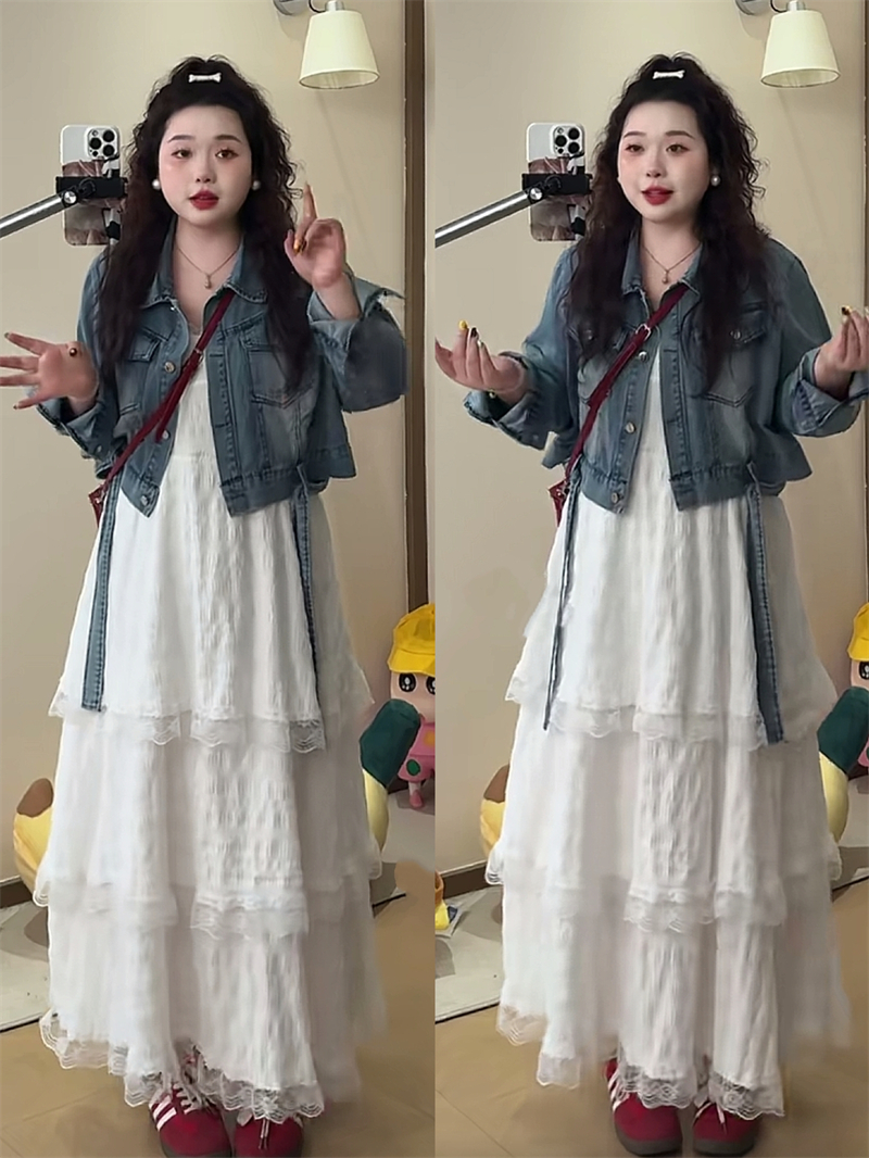 빅 사이즈 지방 mm 해변가 휴가 바람 레이스 계층의 감각 슬립 드레스 봄 새로운 데님 재킷 맨위 투피스 세트
