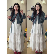 批发大码胖mm海边度假风<b class='q'>蕾丝</b>层次感吊带裙春季新款牛仔外套上衣两件套