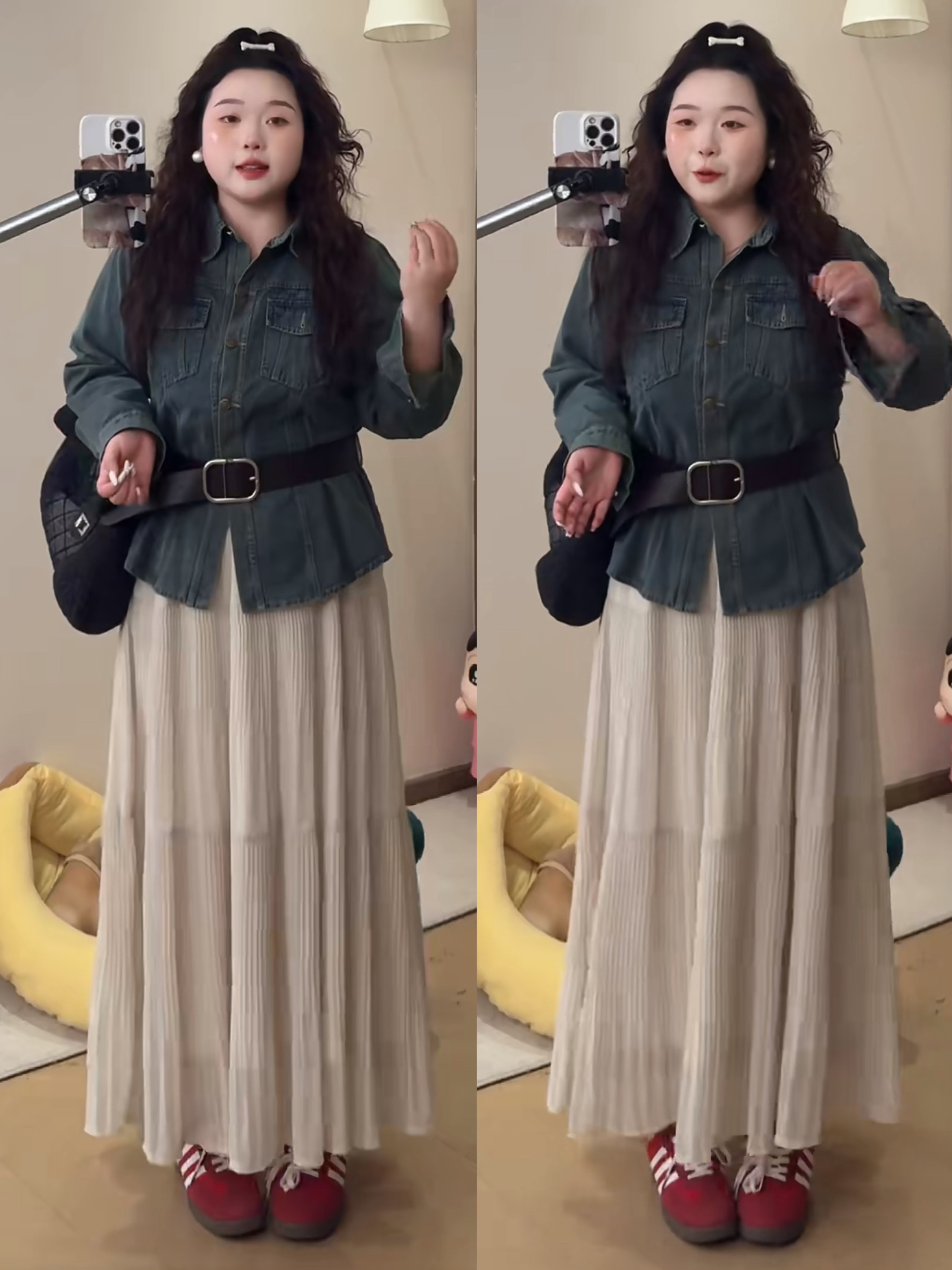 빅 사이즈 긍정적 인 어깨 항구 바람 레트로 디자인 센스 맨위 압력 주름 캐주얼 반신 스커트 투피스 세트