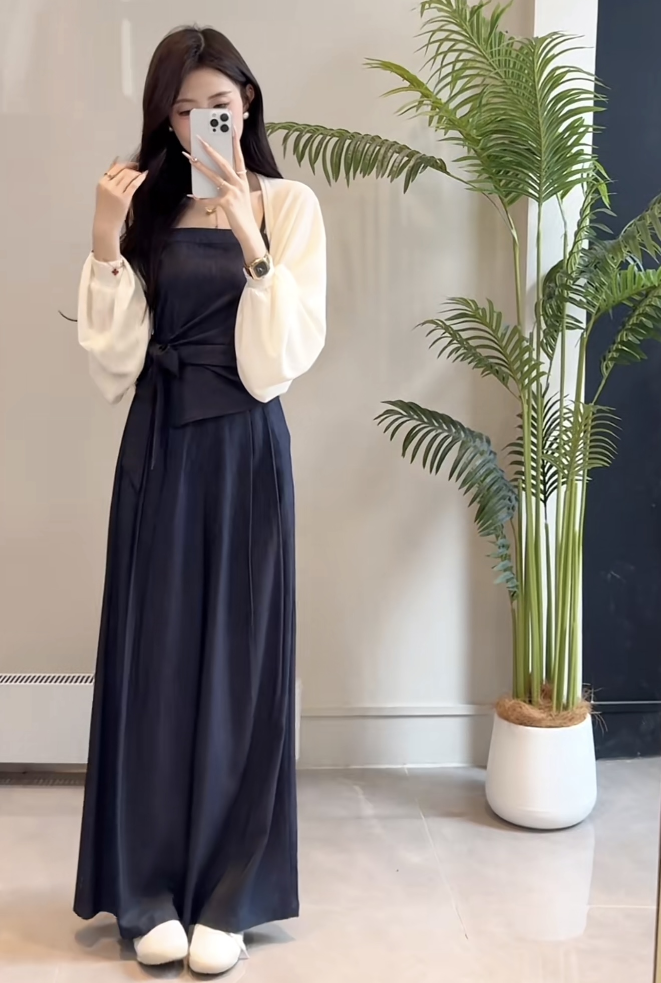 빅 사이즈 한 부서 패션 연령 감소 여성 여름 새로운 품격 자외선 차단 오픈 가디건 캐미솔 와이드 레그 팬츠 3종 세트