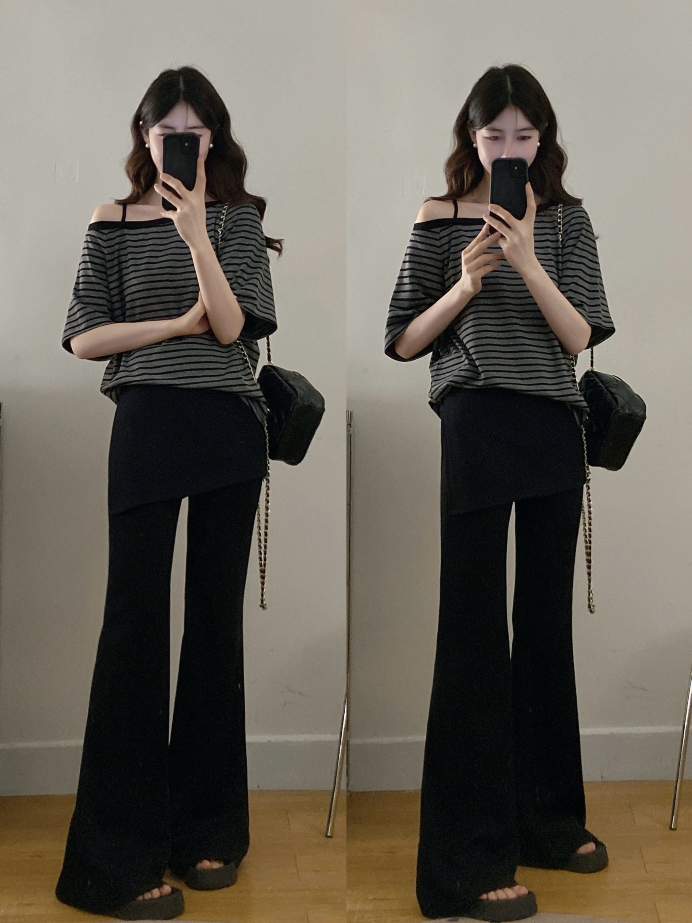 실사 빅 사이즈 디자인 센스 오프숄더 스트라이프 티셔츠 방귀 커튼 캐주얼 몸매 가꾸기 바지 투피스 세트