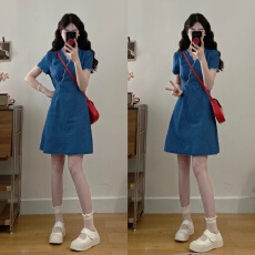 批发实拍大码~牛仔连衣裙女新款<b class='q'>夏</b>季V领蕾丝花边收腰连衣裙