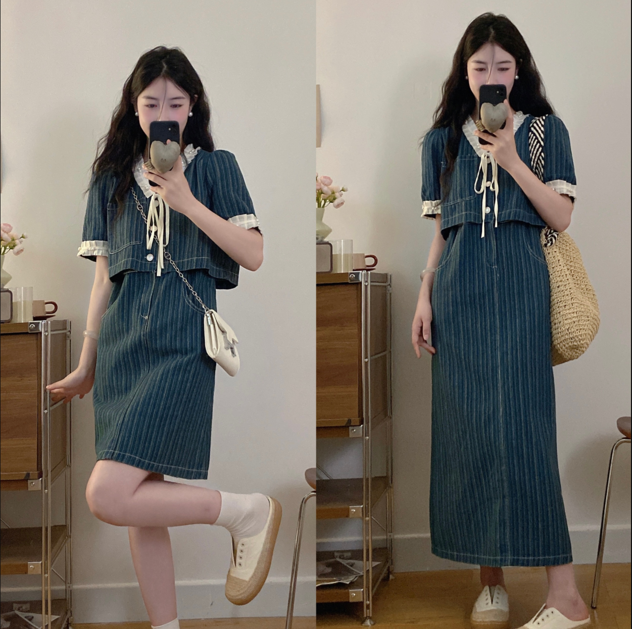 실사 빅 사이즈 스트라이프 공동 마이크로 지방 여성 의류 여름 데님 여성 드레스