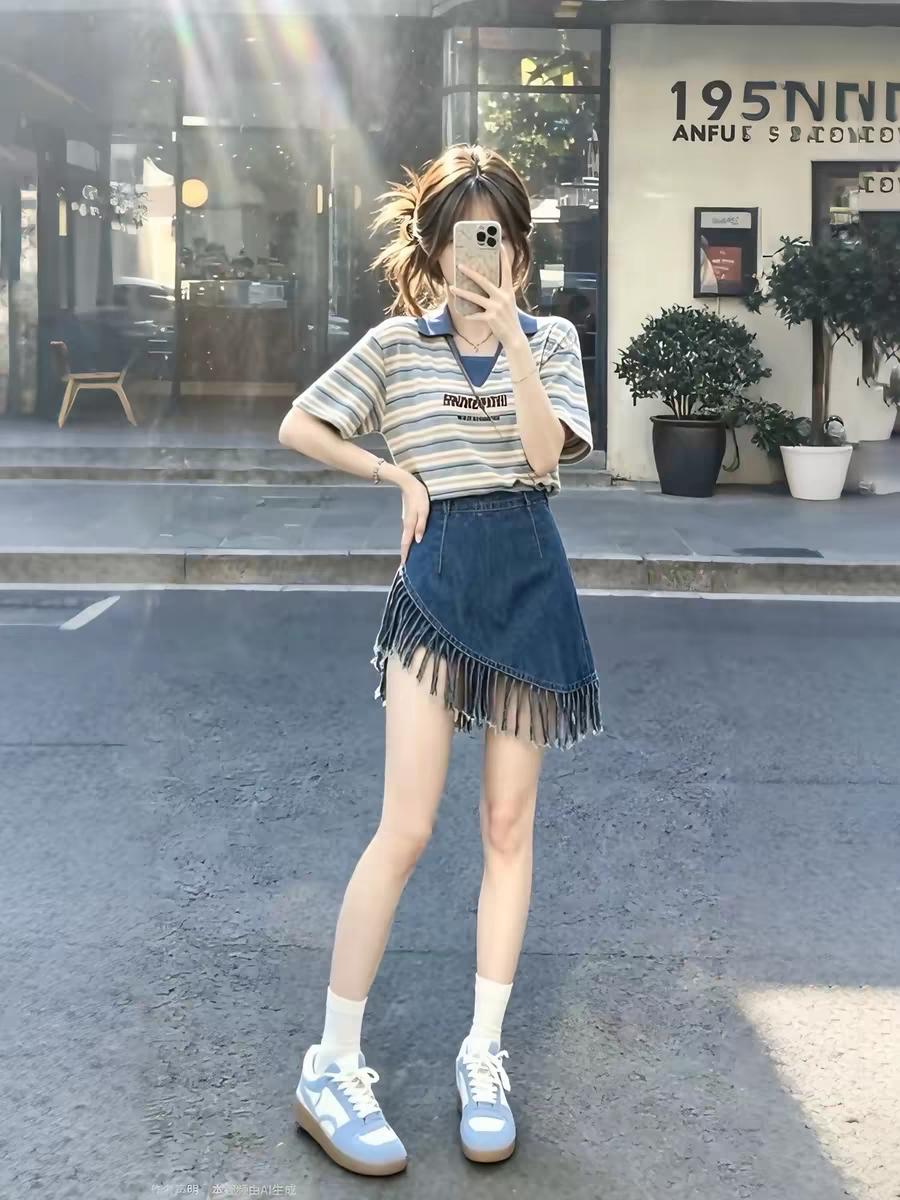 빅 사이즈 여름 한 부서 부드러운 스트라이프 polo 반팔 맨위 코디 술 데님 치마바지 두 조각 여성 세트