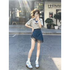批发大码~夏季韩系温柔条纹POLO短袖上衣搭配流苏<b class='q'>牛仔</b>裙裤两件套女
