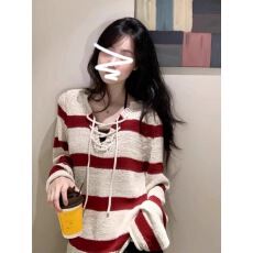 批发复古条纹系带针织衫女早秋2025新款韩系慵懒风毛衣设计感长袖上衣