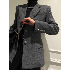 批发复古高级感毛呢人字纹金属扣中长款修身外套