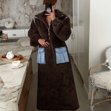批发复古气质羊羔绒<b class='q'>撞色</b>立领大口袋<b class='q'>连衣裙</b>外套