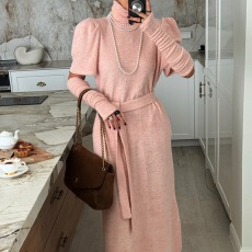 批发2026春款 法式复古气质可拆卸袖套高领<b class='q'>连衣裙</b>