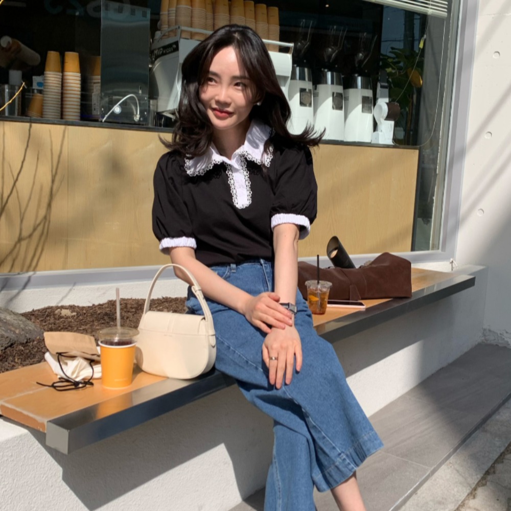 재고 있음 프랑스식 레이스 패치워크 패치워크 색상 거품 소매 맨위