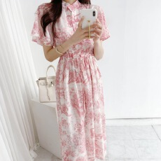 批发有货 甜美翻领复古水墨画花纹泡泡袖<b class='q'>连衣裙</b>