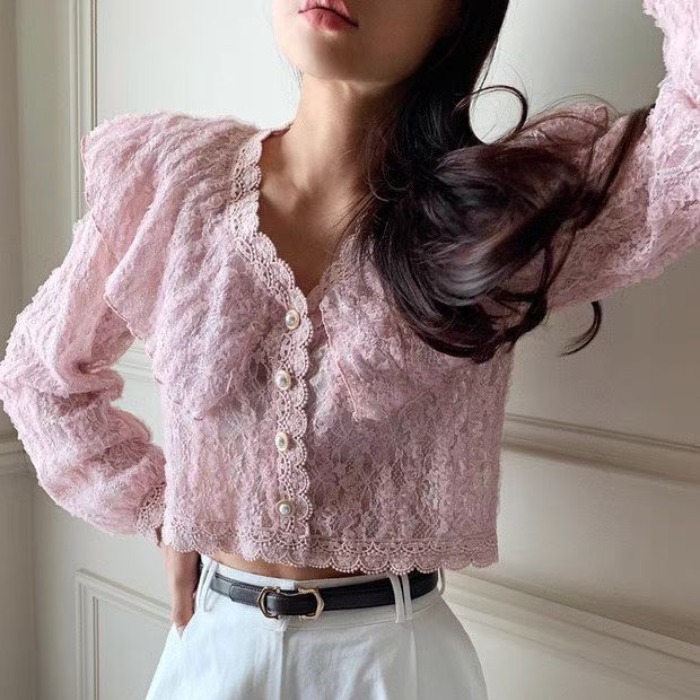 재고 있음 프랑스식 레트로 궁정 바람 레이스 패치워크 레이스 셔츠