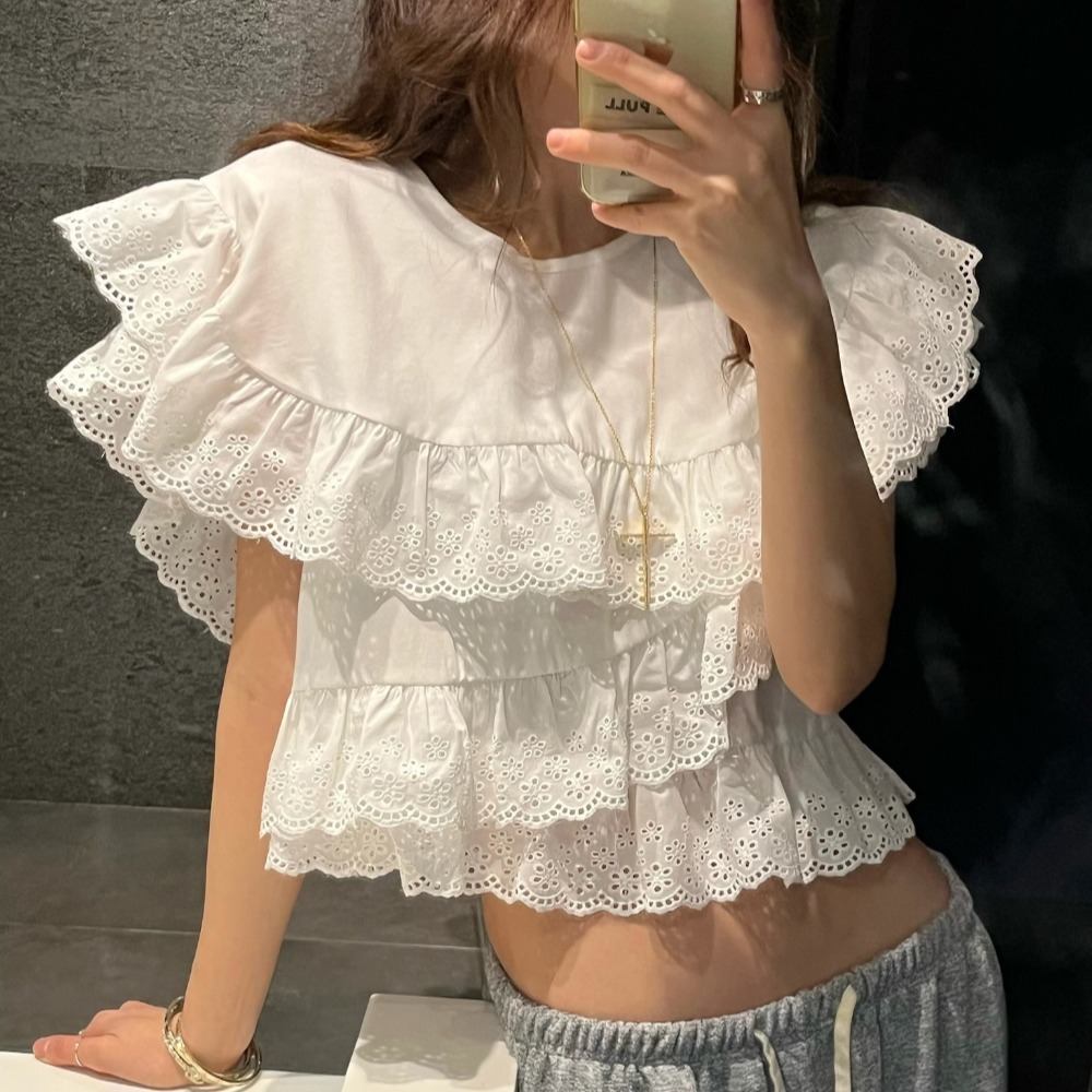 한국 ins 바람 레트로 작은 대중 불규칙 레이스 패치워크 셔츠