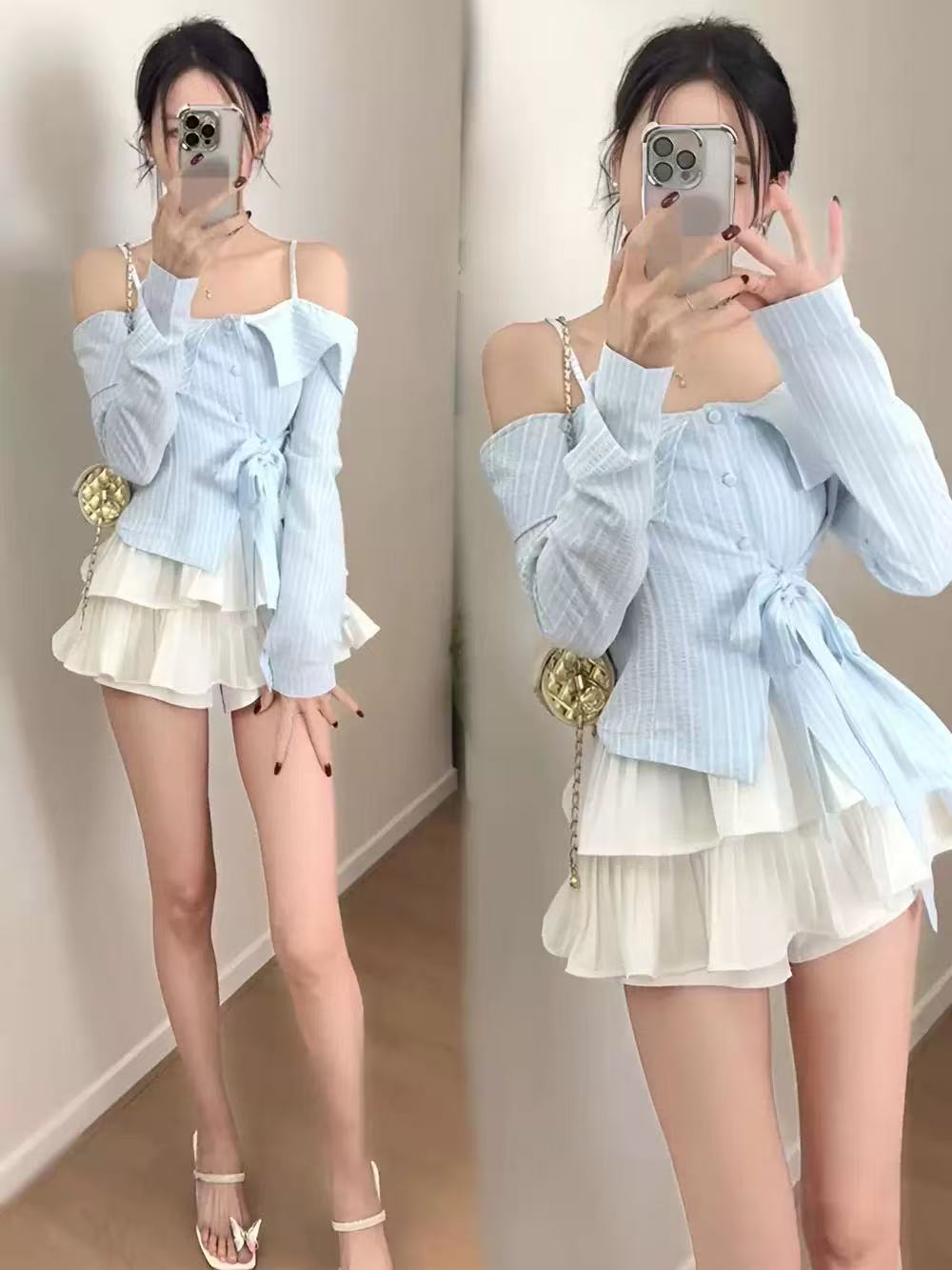 MY12775# 韩系纯欲套装女新款设计感减龄一字肩吊带条纹衬衫显瘦蛋糕裙女裝貨源服裝批發