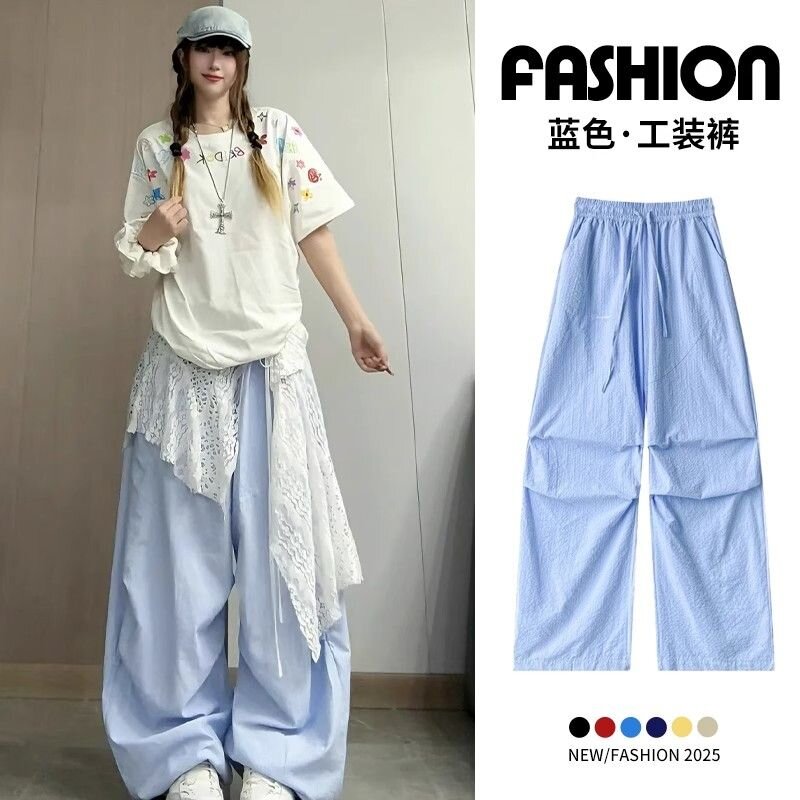 MY12776# 韩版蓝色条纹工装裤女新款宽松显瘦阔腿裤爵士跳舞运动裤女裝...