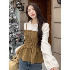 批发大码小众不撞款假两件长袖衬衫女早秋胖mm显瘦遮肚<b class='q'>娃娃衫</b>短款上衣