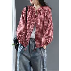 批发<b class='q'>文艺</b><b class='q'>范</b>大码复古盘扣格子棉麻开衫女宽松显瘦上衣减龄外套衬衫