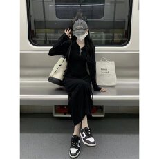 批发黑色连帽连衣裙女秋宽松<b class='q'>休闲</b>运动卫衣裙包臀打底长裙针织内搭裙子