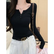 批发chic甜辣长袖T恤女春秋季韩版修身内搭打底衫短款正肩纽扣上衣潮