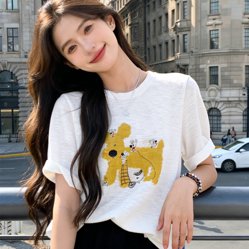 한국 동대문 강아지 자수 대나무 마디 면 반팔 티셔츠 여성 여름 얇은 스타일 슈퍼 잘 생긴 고유 한 아름다운 맨위