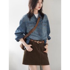 批发CHICVEN「城市寻觅」秋复古蓝色双贴袋<b class='q'>牛仔</b><b class='q'>衬衫</b>做旧水洗长袖<b class='q'>衬衣</b>