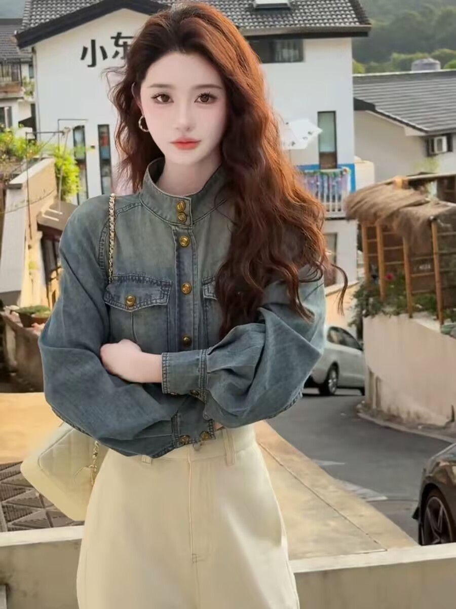 아메리칸 레트로 파란색 스탠드 칼라 데님 여성 코트 2025 가을 새로운 작은 키 세련된 외국 가스 쇼트 스타일 재킷