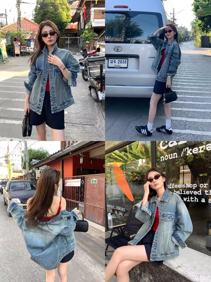 pusumede 핀란드 여행 레트로 폴로 칼라 데님 여성 코트 루즈핏 슬림해 보이는 재킷 한 부서 품격 맨위