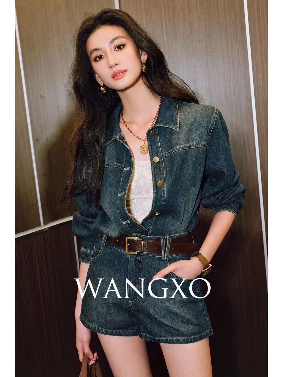 wangxo 공기 센스 주간 실크 코튼 무거운 워시 물 와니 안 영원히 넓은 어깨 셔츠 반바지 데님 세트