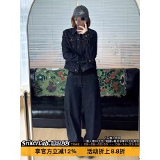 批发SRIKERLAB 高智风丹宁牛仔翻领夹克廓形短款深蓝修身显瘦复古外套