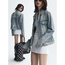 批发ourhour 手工烫银 水洗蓝直身<b class='q'>百搭</b>短牛仔外套 女春设计感重工夹克