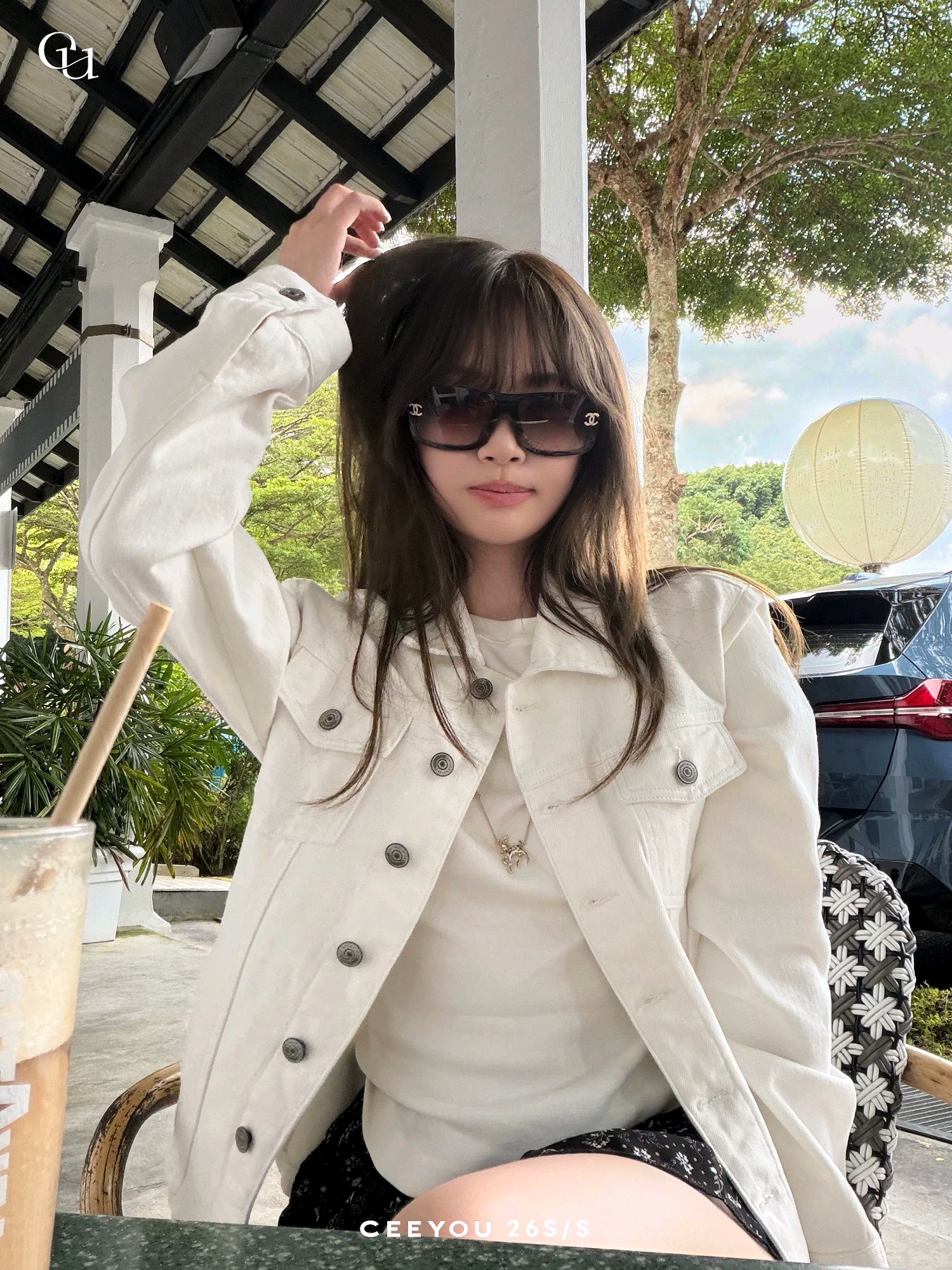 ceeyou 높음 제품 배색 시리즈 선 긍정적 인 어깨 데님 여성 코트 봄 짧은 외투 출퇴근 캐주얼 바람 화이트 원본 암소