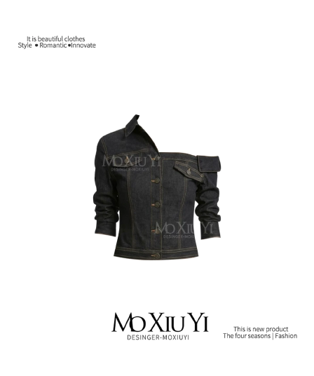 moxiuyi st 디자인 작은 대중 핫걸 레트로 개성 비대칭 비스듬한 어깨 중간 소매 데님 셔츠