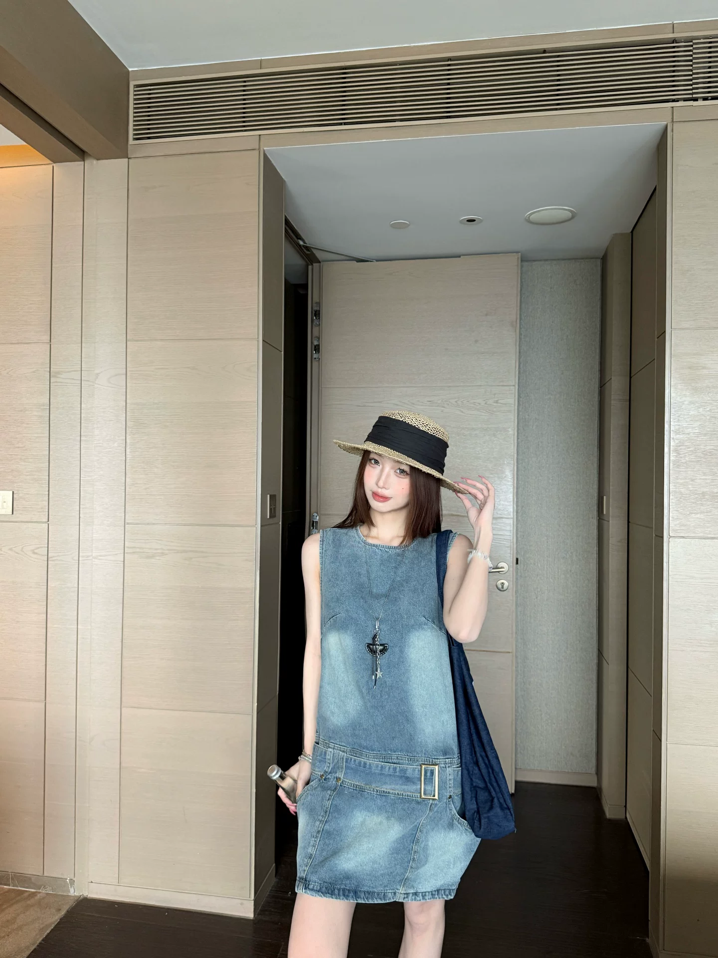 kumikumi 아메리칸 레트로 마 오래된 데님 조끼 원피스 여성 의류 여름 Chic 연령 감소 루즈핏 A라인 스커트