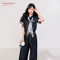 批发原野空间GRASS SPACE原色天丝牛仔套<b class='q'>装</b>女夏拼接轻薄上衣+阔腿<b class='q'>裤</b>