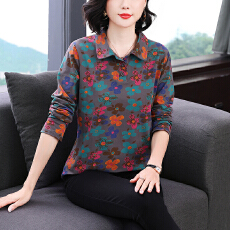 批发秋季新款洋气印花翻领衬衫女时尚减龄中年<b class='q'>妈妈</b><b class='q'>装</b>纯棉<b class='q'>宽松</b>长袖上衣