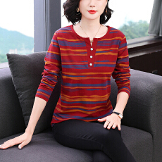 批发妈妈秋装上衣纯棉条纹长袖t恤女中老年<b class='q'>大码</b>洋气春秋内搭v领打底衫