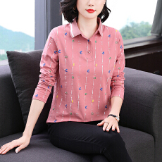 批发纯棉有领印花上衣polo衫2026年秋装新款全棉长袖T恤女中年妈妈t桖