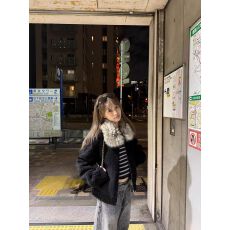 批发CEEYOU 定染毛领小颗粒羊羔毛<b class='q'>外套</b>冬黑色毛毛冬装2025新品