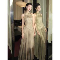 批发从一时刻淬金高奢感织金面料拼接缎面无袖连衣裙气质晚礼<b class='q'>长裙</b>