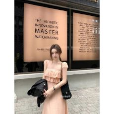 批发板栗可可1.6/20点 落日<b class='q'>长裙</b>蕾丝法式荷叶边A字收腰显瘦连衣裙