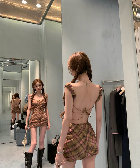 너 ~ 중 게으른 llan 밤나무 용 고양이 둘 색상 소녀 센스 체크무늬 섹시함 백리스 광장 칼라 여성 드레스