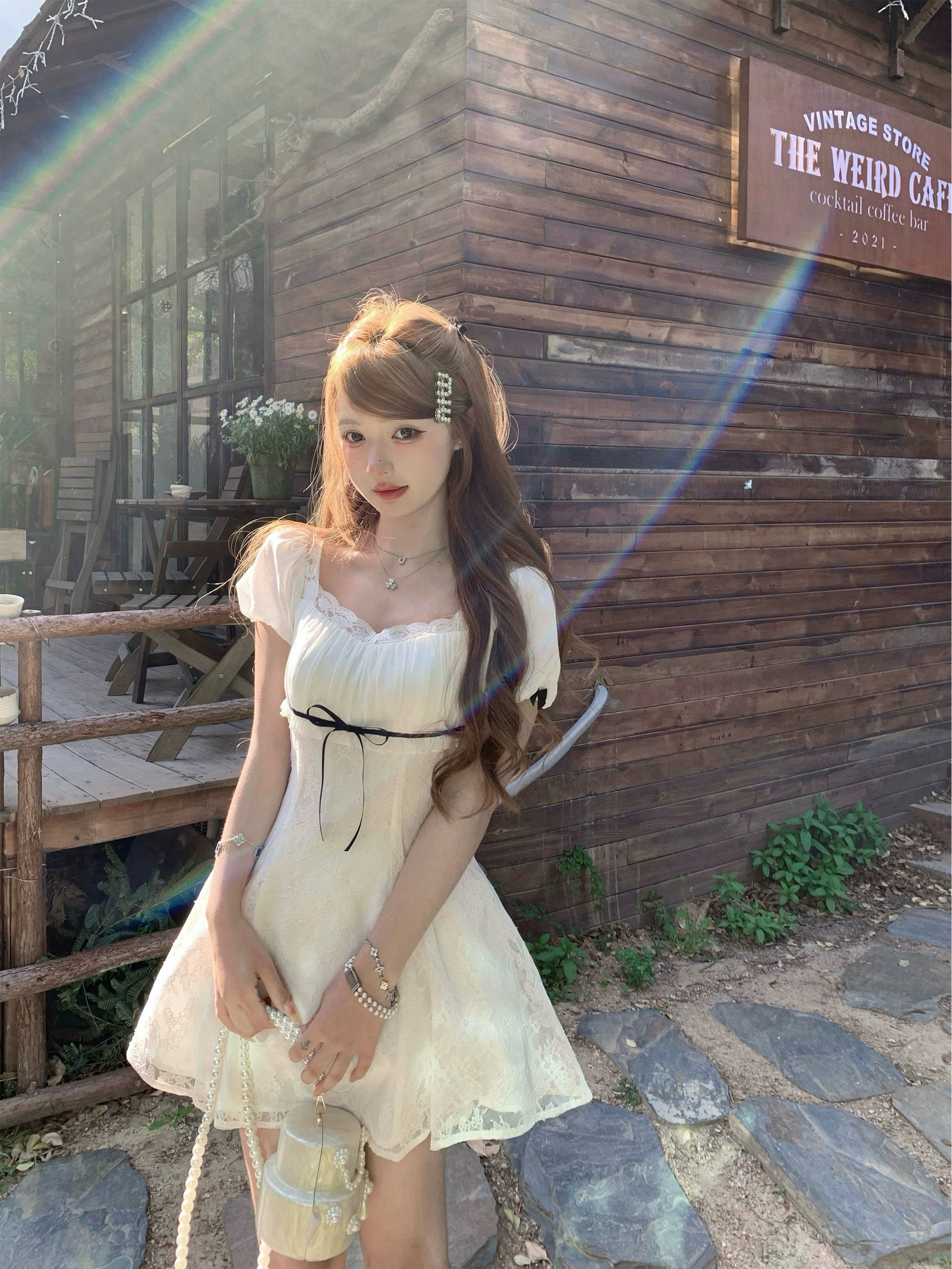 q 여자 집 4 30 달콤한 살구 아이스 티 더블 버전 천 골드 센스 레이스 레이스 반팔 맨위 점프 슈트 치마 세트