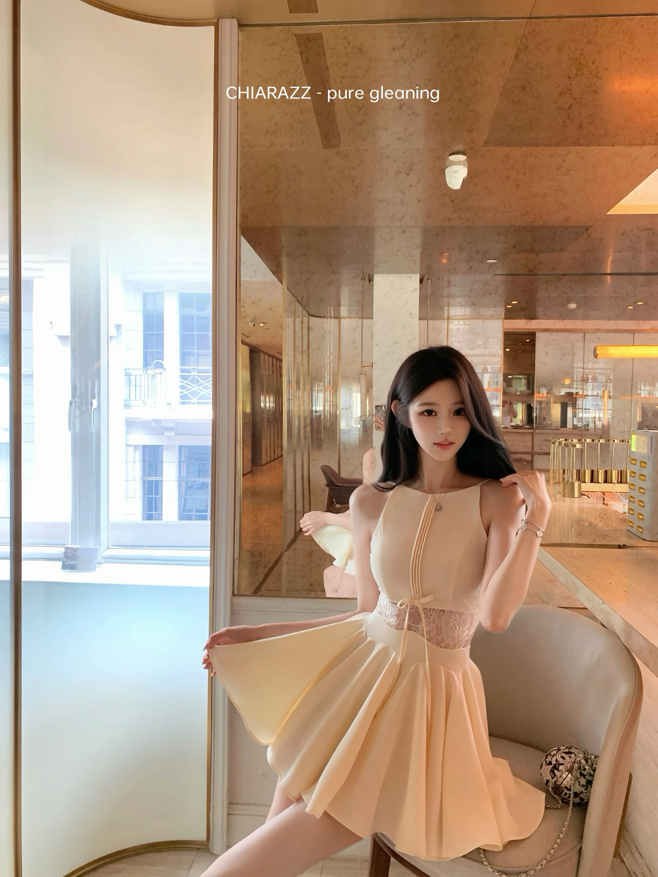 수영장 자오 짜오 26ss 복숭아 지점 야오 야오 화이트 레이스 나비 매듭 행침 목 민소매 드레스