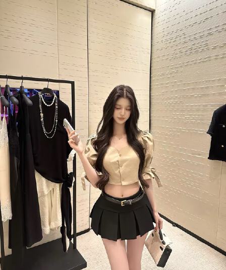 kubiliv 원 영어 미학 한 부서 거품 소매 셔츠 플리츠 반 스커트 미니 스커트 달콤한 매운맛 분위기 센스 세트